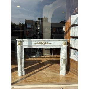  Antique Louis XVI Style Fireplace In Arabescato Marble With Bronze Decor 