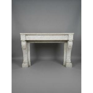 Antique Empire Style Fireplace In White Carrara Marble Dating From The Late 19th Century