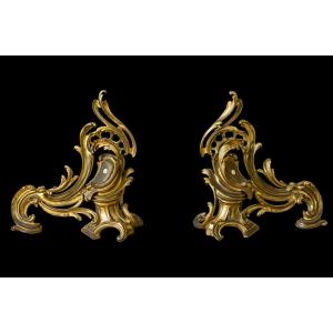 Large Pair Of Rocaille Andirons Signed Bouhon, Dating From The 19th Century 