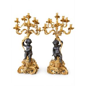 Large Pair Of Rococo Style Bronze Candelabra After Clodion, Late 19th Century