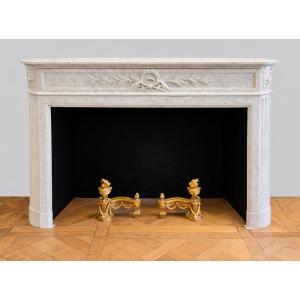 Antique Louis XVI Style Fireplace With Carrara Marble Branch, Dating From The Late 19th Century 