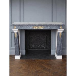 Rare Cheminée Ancienne D’époque Empire En Marbre Bleu Turquin Et Blanc Statuaire à Bronze