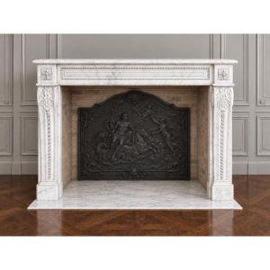 Antique Fireplace Dating From The Late 19th Century, Made Of Blanc Demi Statuaire Marble