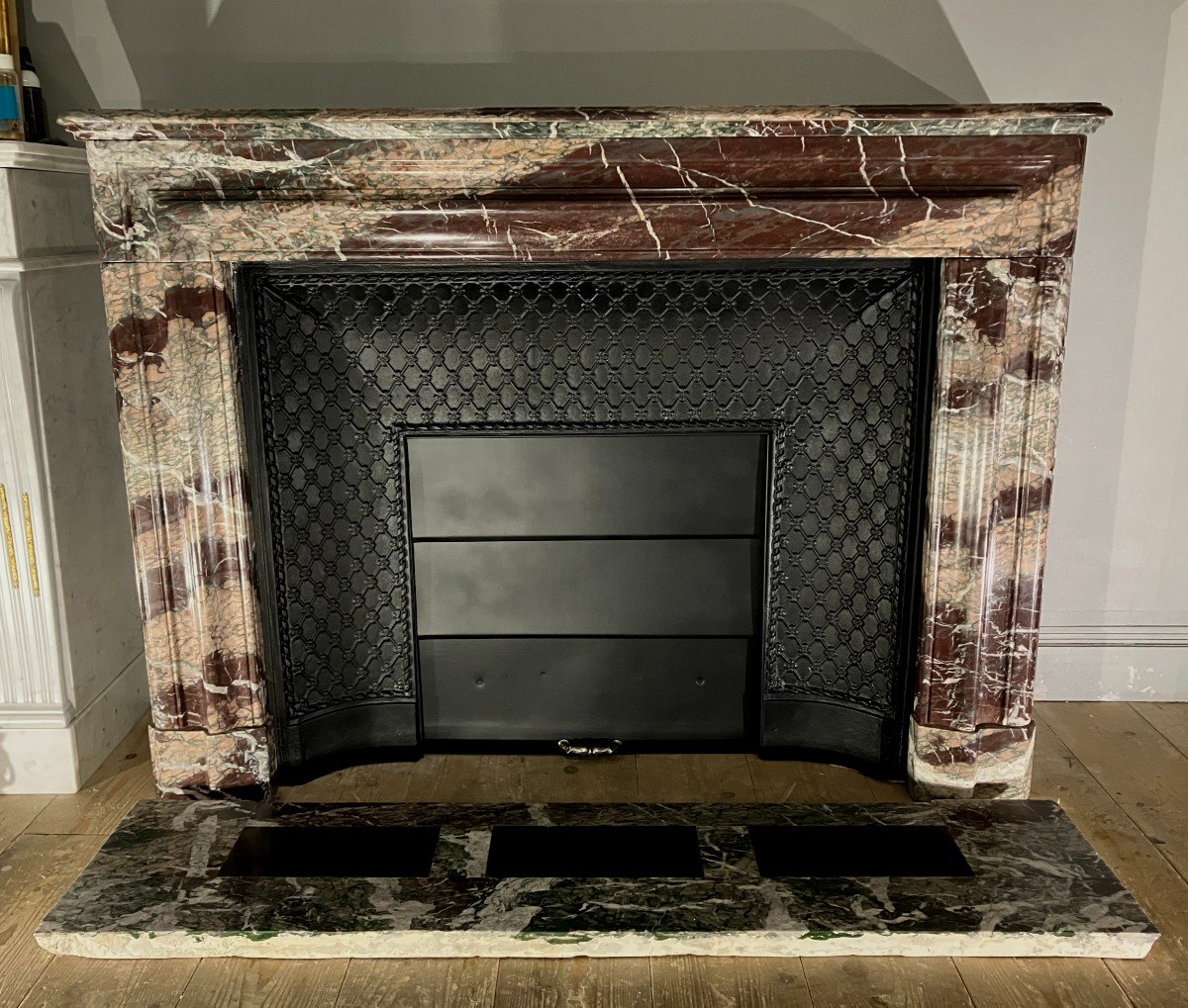 Large Antique Louis XIV Style Fireplace In Ribboned Campan Marble.