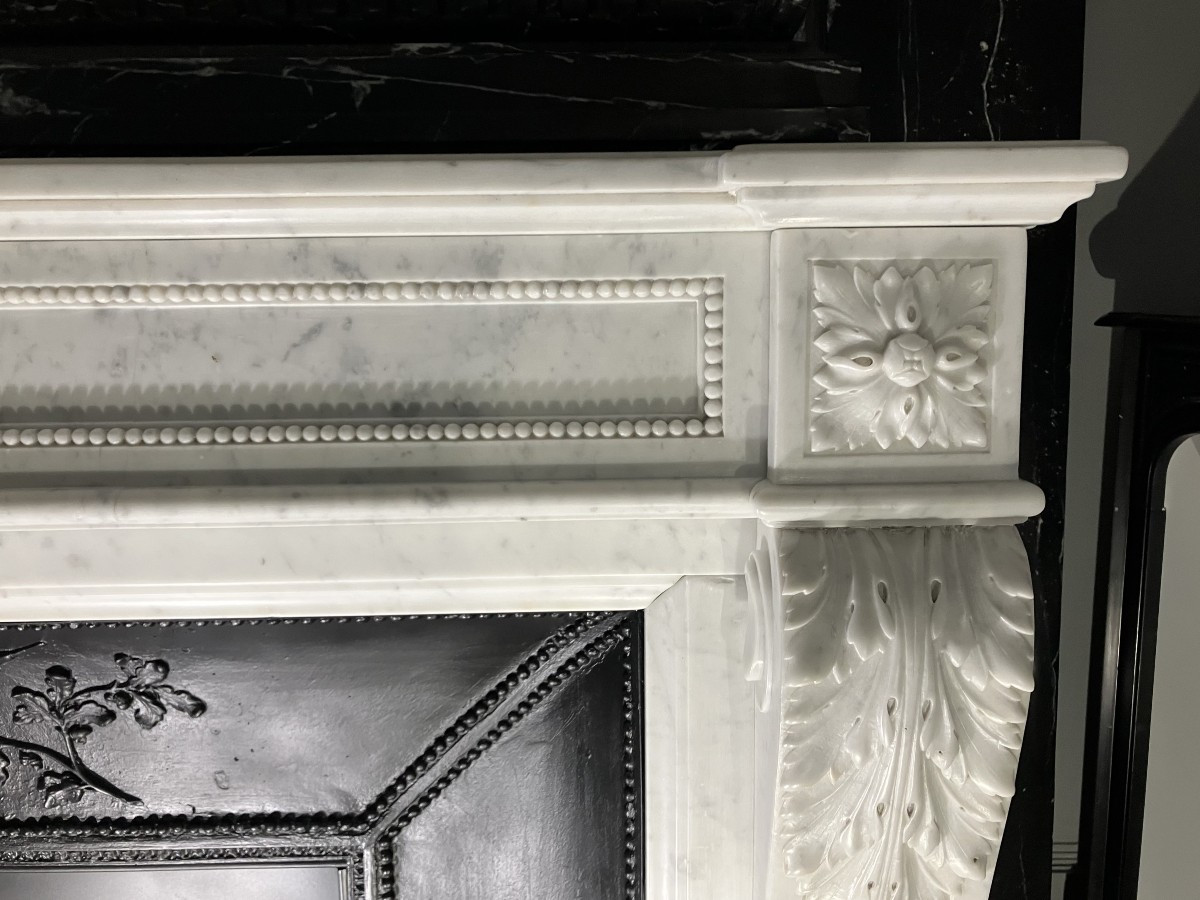 Grande Cheminée Ancienne de Style LOUIS XVI en Marbre Blanc veiné.-photo-4