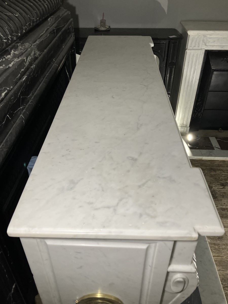 Grande Cheminée Ancienne de Style LOUIS XVI en Marbre Blanc veiné.-photo-7