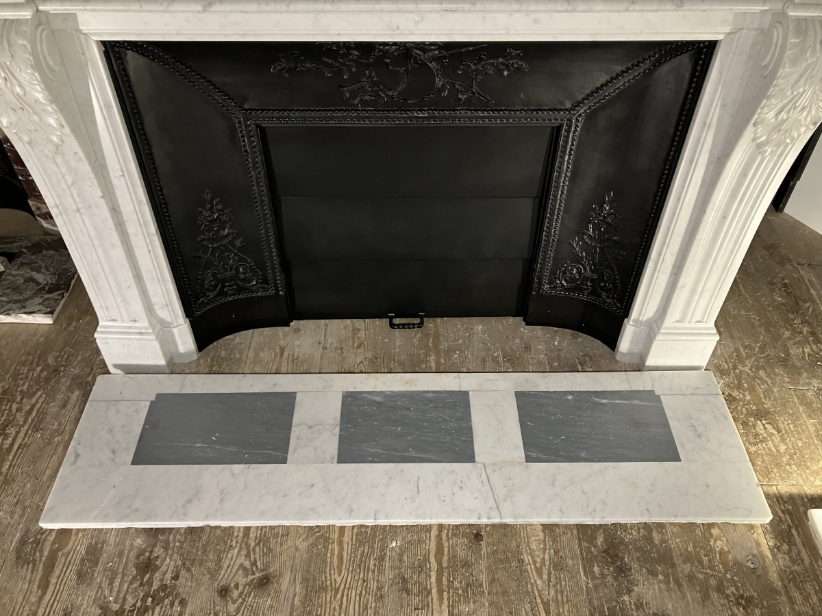 Grande Cheminée Ancienne de Style LOUIS XVI en Marbre Blanc veiné.-photo-8