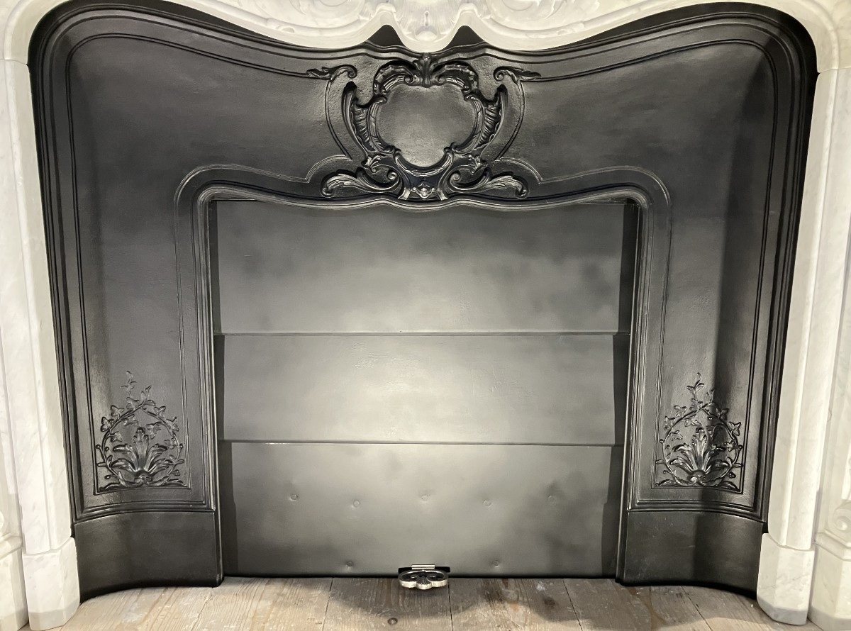Large Louis XV Style Fireplace In White Veined Marble.-photo-2
