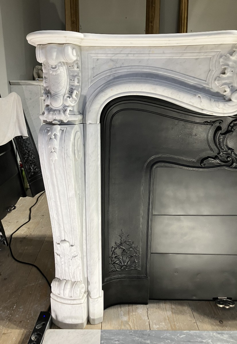 Large Louis XV Style Fireplace In White Veined Marble.-photo-4
