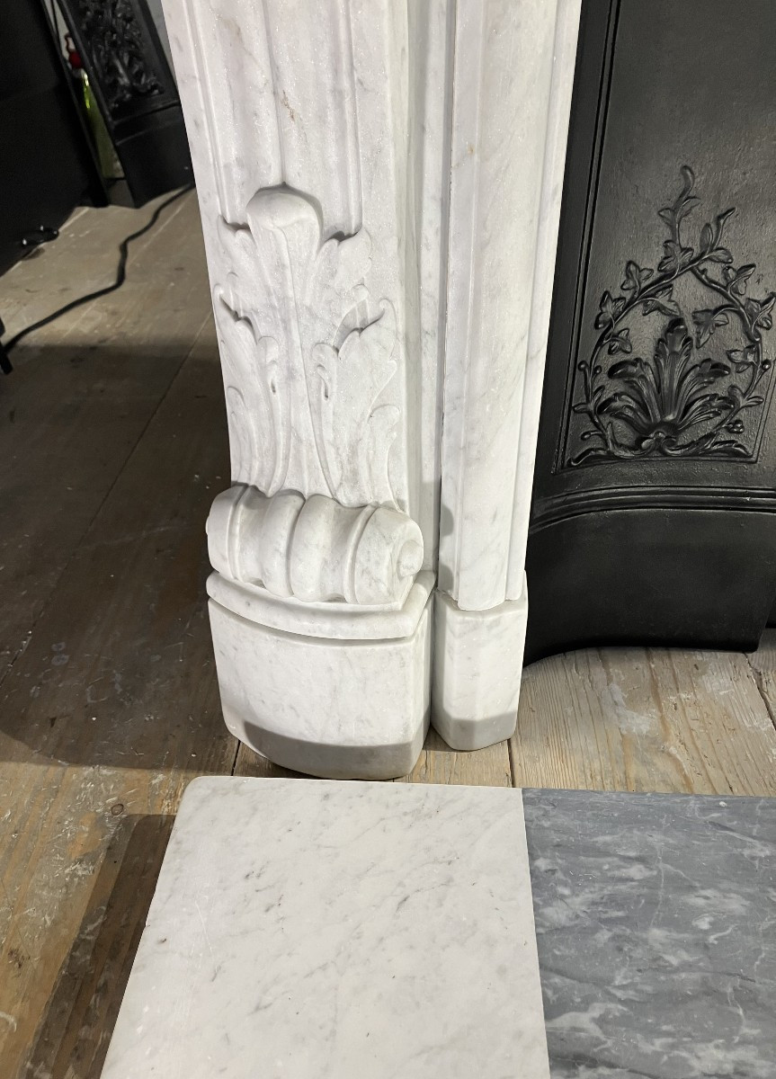 Large Louis XV Style Fireplace In White Veined Marble.-photo-1
