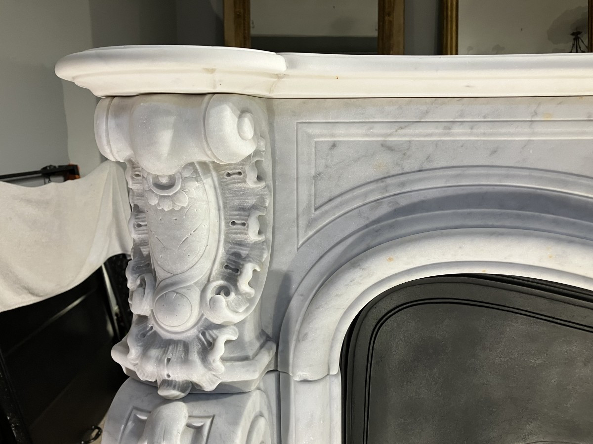 Large Louis XV Style Fireplace In White Veined Marble.-photo-2