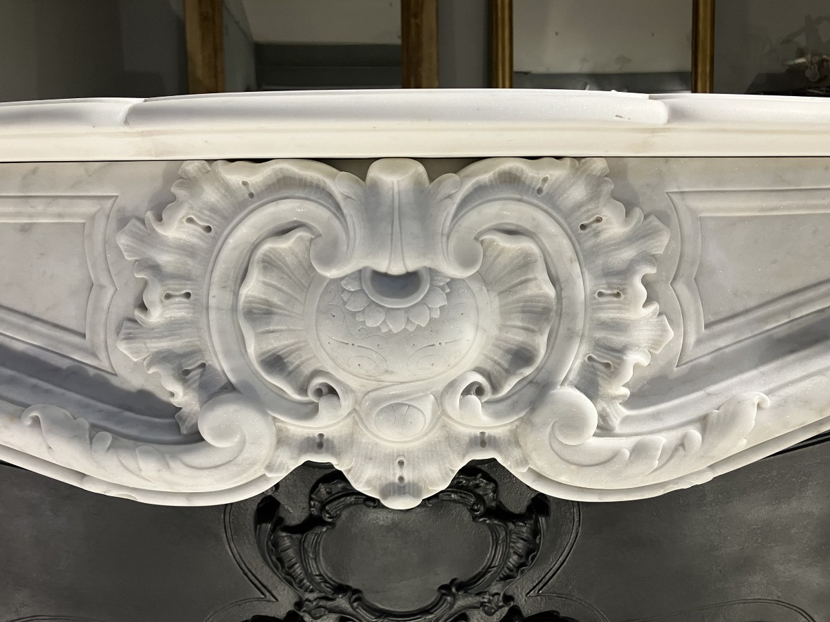 Large Louis XV Style Fireplace In White Veined Marble.-photo-3