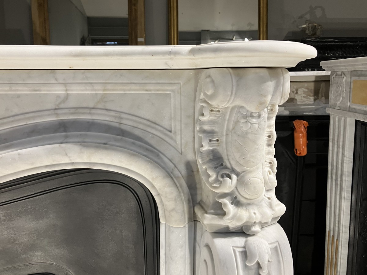 Large Louis XV Style Fireplace In White Veined Marble.-photo-4