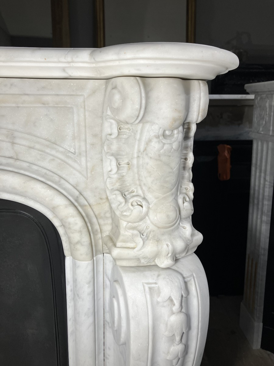 Large Louis XV Style Fireplace In White Veined Marble.-photo-5