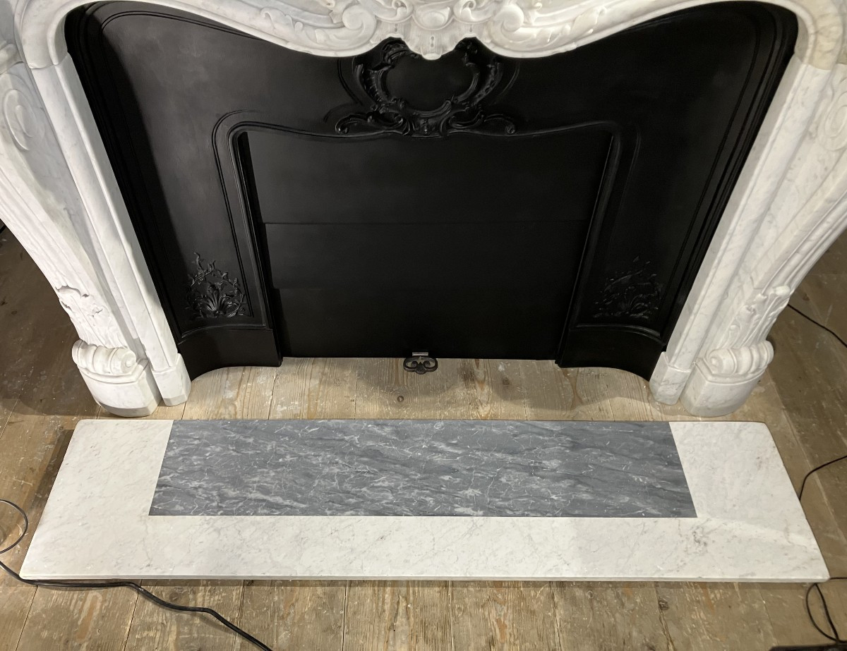 Large Louis XV Style Fireplace In White Veined Marble.-photo-8