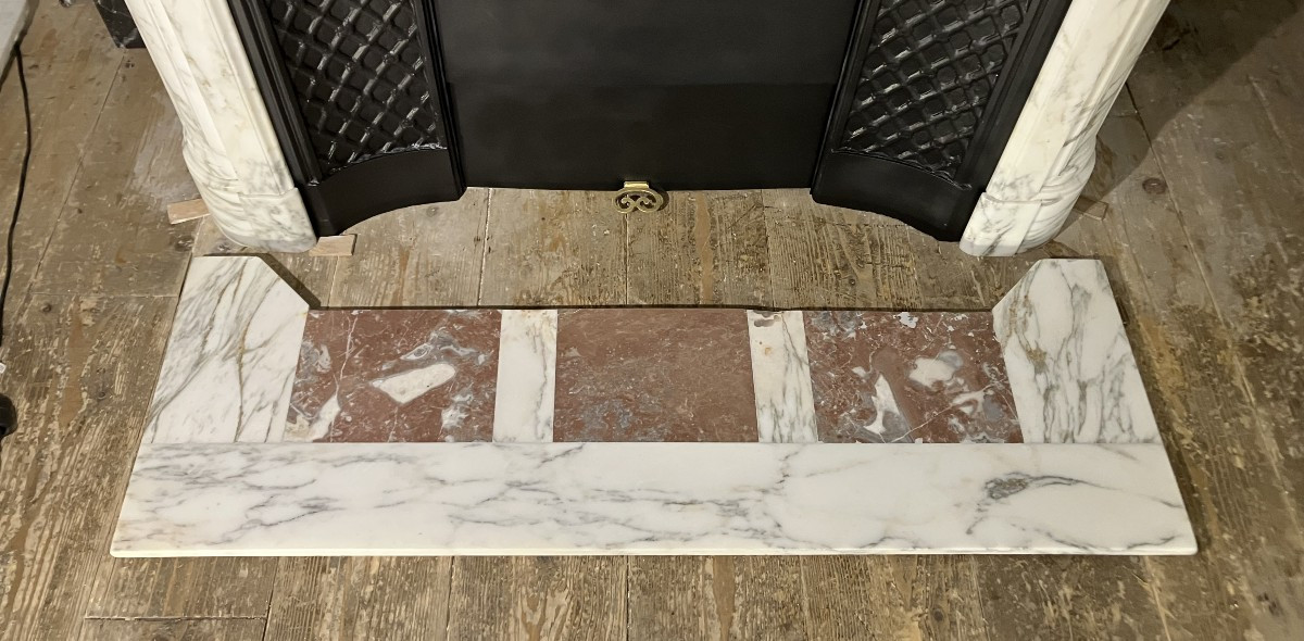 Antique Louis XVI Style Fireplace With Bronze Mounts In Calacatta Marble.-photo-7