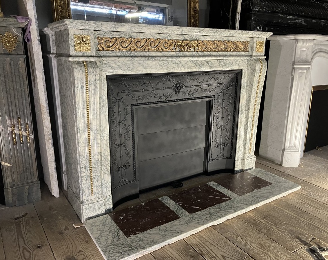 Antique Fireplace With Louis XVI-style Bronze Fittings, Made Of Estours Green Marble.-photo-4