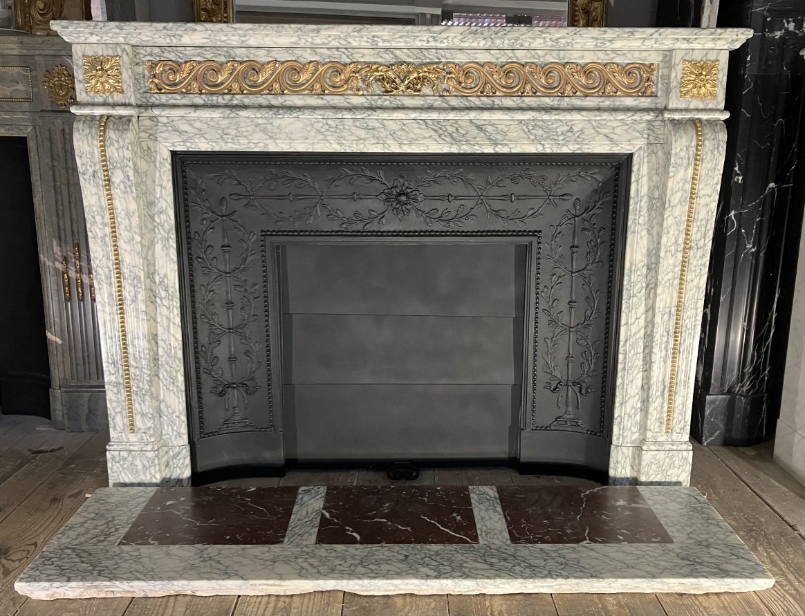 Antique Fireplace With Louis XVI-style Bronze Fittings, Made Of Estours Green Marble.