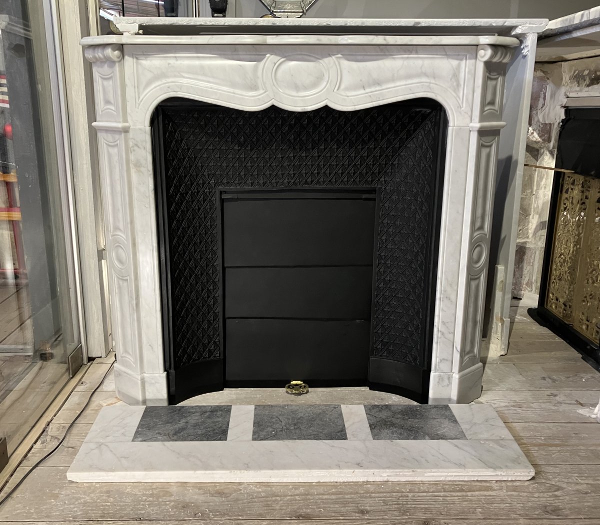 Small Antique Fireplace In The Louis XV Style, Made Of Veined White Marble.