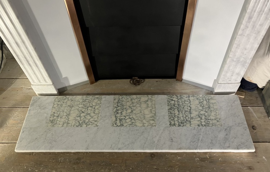 Small Antique Art Deco Fireplace In Veined White Marble.-photo-7