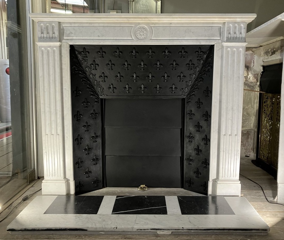 Antique Louis XVI-style Fireplace Made Of Veined White Marble.