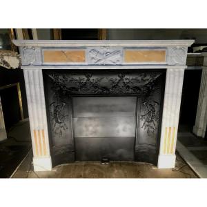 Old Empire Fireplace In White Marble With Yellow Sienna Marble Inlays.