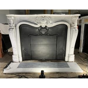 Large Louis XV Style Fireplace In White Veined Marble.