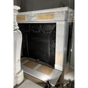 Antique Empire Mantel In White And Yellow Sienna Marble.