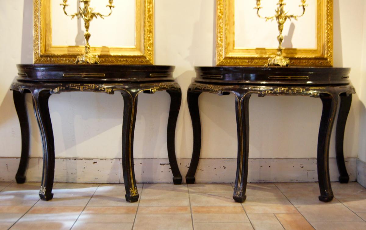 Pair Consoles 4 Feet, Black Lacquer, And Forms Middle Table-photo-4