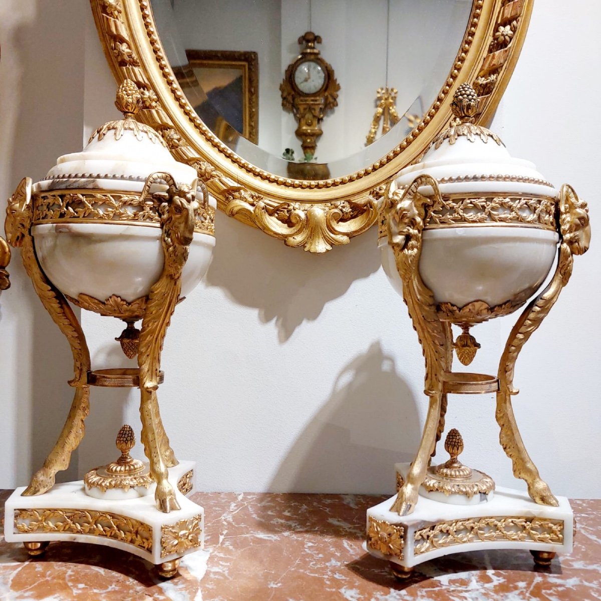 Pair Of Marble Cassolettes Decorated With Aries Heads Napoleon Ili Period-photo-2