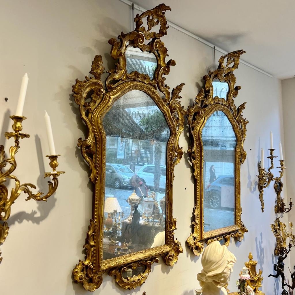 Paire de grands Miroirs Régence En Bois Doré D’époque 18 Ieme Glace Au Mercure -photo-2