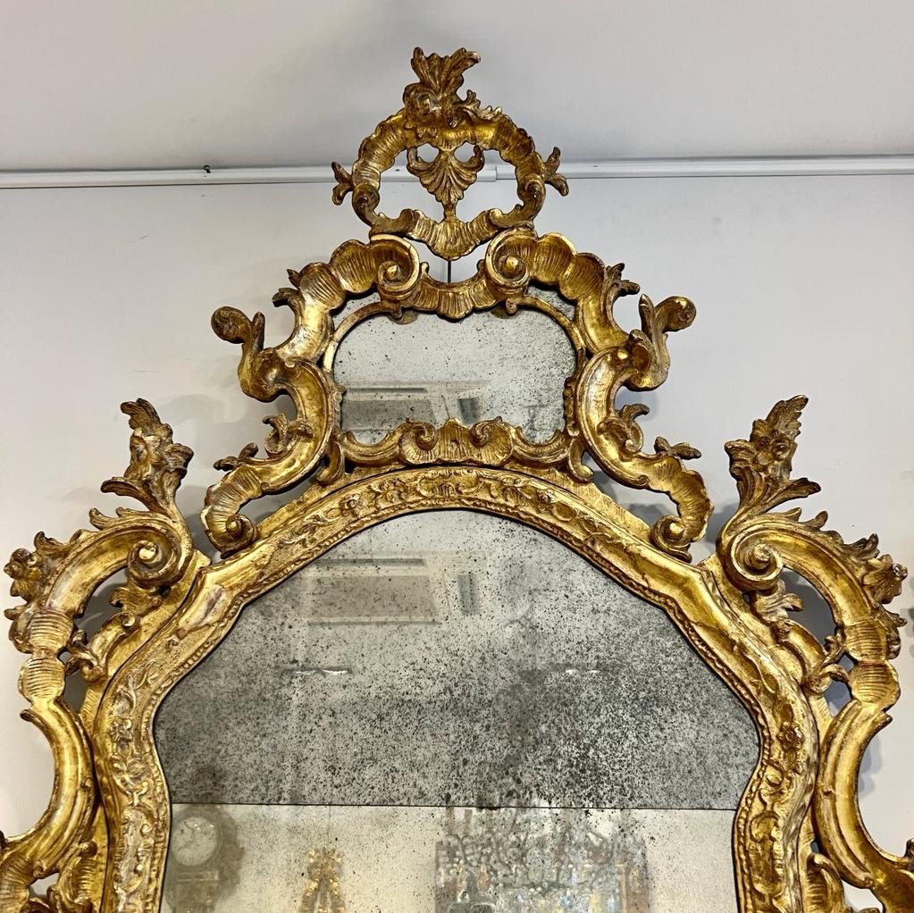 Paire de grands Miroirs Régence En Bois Doré D’époque 18 Ieme Glace Au Mercure -photo-3