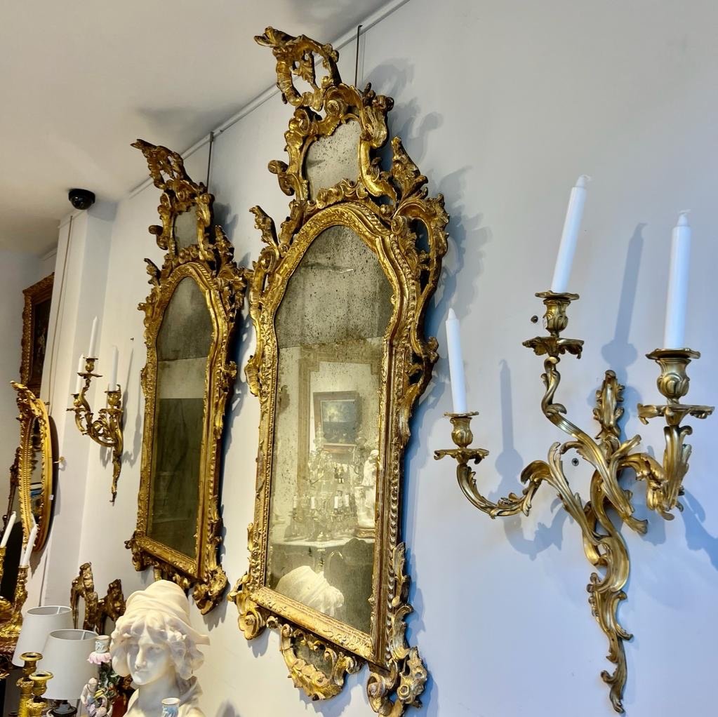 Paire de grands Miroirs Régence En Bois Doré D’époque 18 Ieme Glace Au Mercure -photo-2