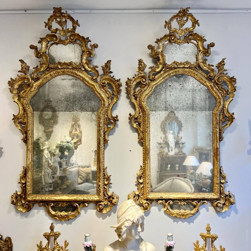 Paire de grands Miroirs Régence En Bois Doré D’époque 18 Ieme Glace Au Mercure -photo-8