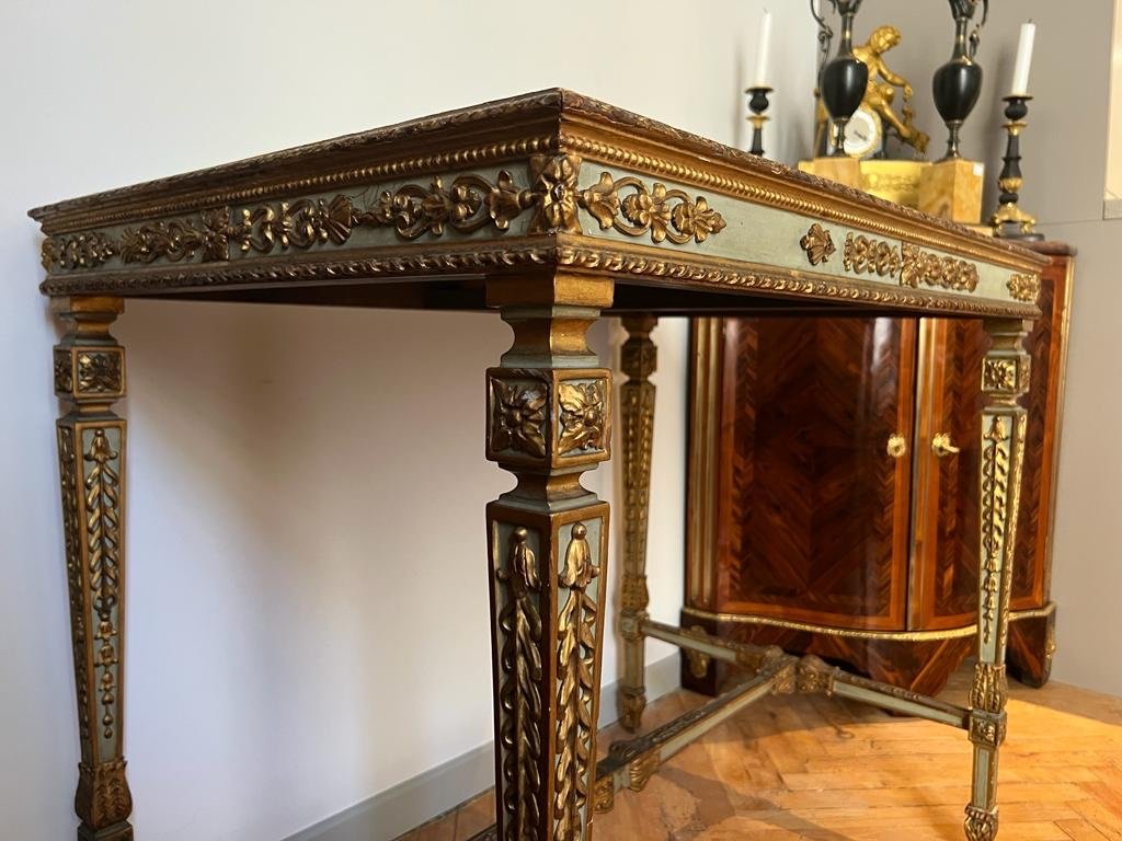 Table De Millieu Ou Bureau De Style Louis XVI En Bois Laqué Et Doré époque XIX Ieme -photo-2