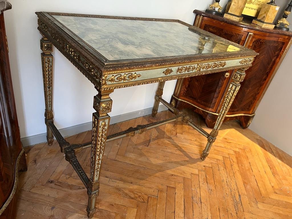 Middle Table Or Louis XVI Style Desk In Lacquered And Gilded Wood XIXth Century-photo-2