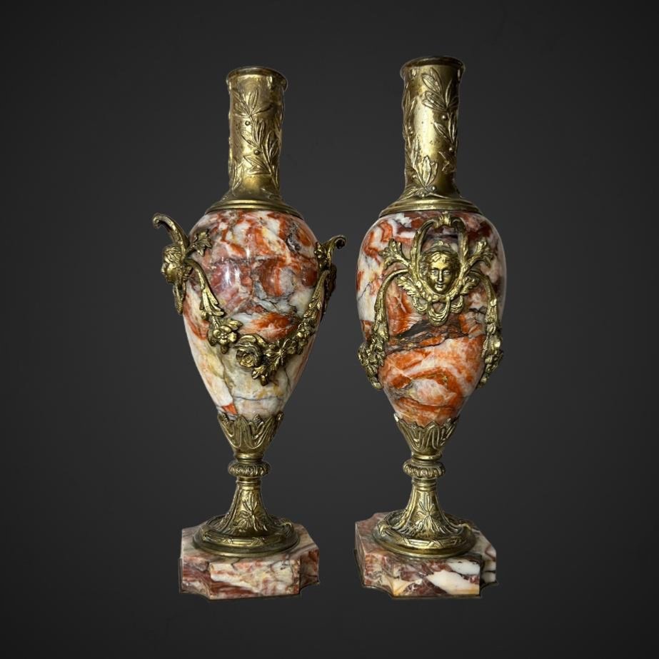 Pair Of Cassolettes In Violet Breccia Marble Decorated With Mascarons From The End Of The XIXth Century-photo-6