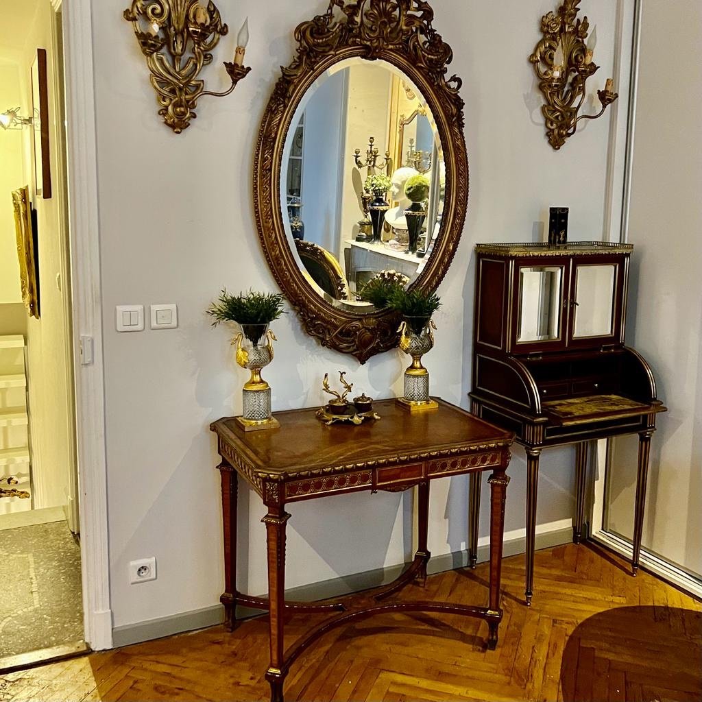 Table De Millieu D’apparat De Style Louis XVI En Bois De Rose , Dessus Cuir Et Bronzes XIX Ieme-photo-2