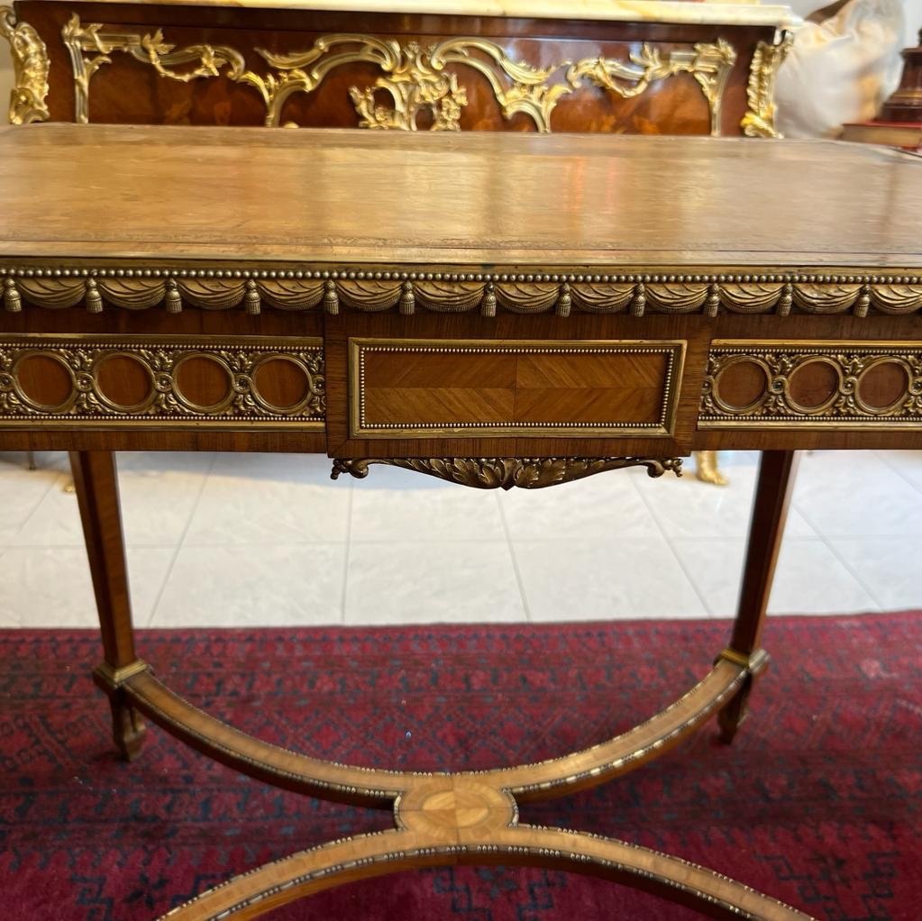Middle Table Of Ceremonial Louis XVI Style In Rosewood, Leather Top And Bronzes XIX Ieme-photo-4