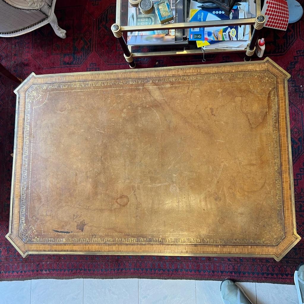 Middle Table Of Ceremonial Louis XVI Style In Rosewood, Leather Top And Bronzes XIX Ieme-photo-3