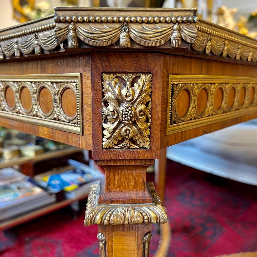 Middle Table Of Ceremonial Louis XVI Style In Rosewood, Leather Top And Bronzes XIX Ieme-photo-6