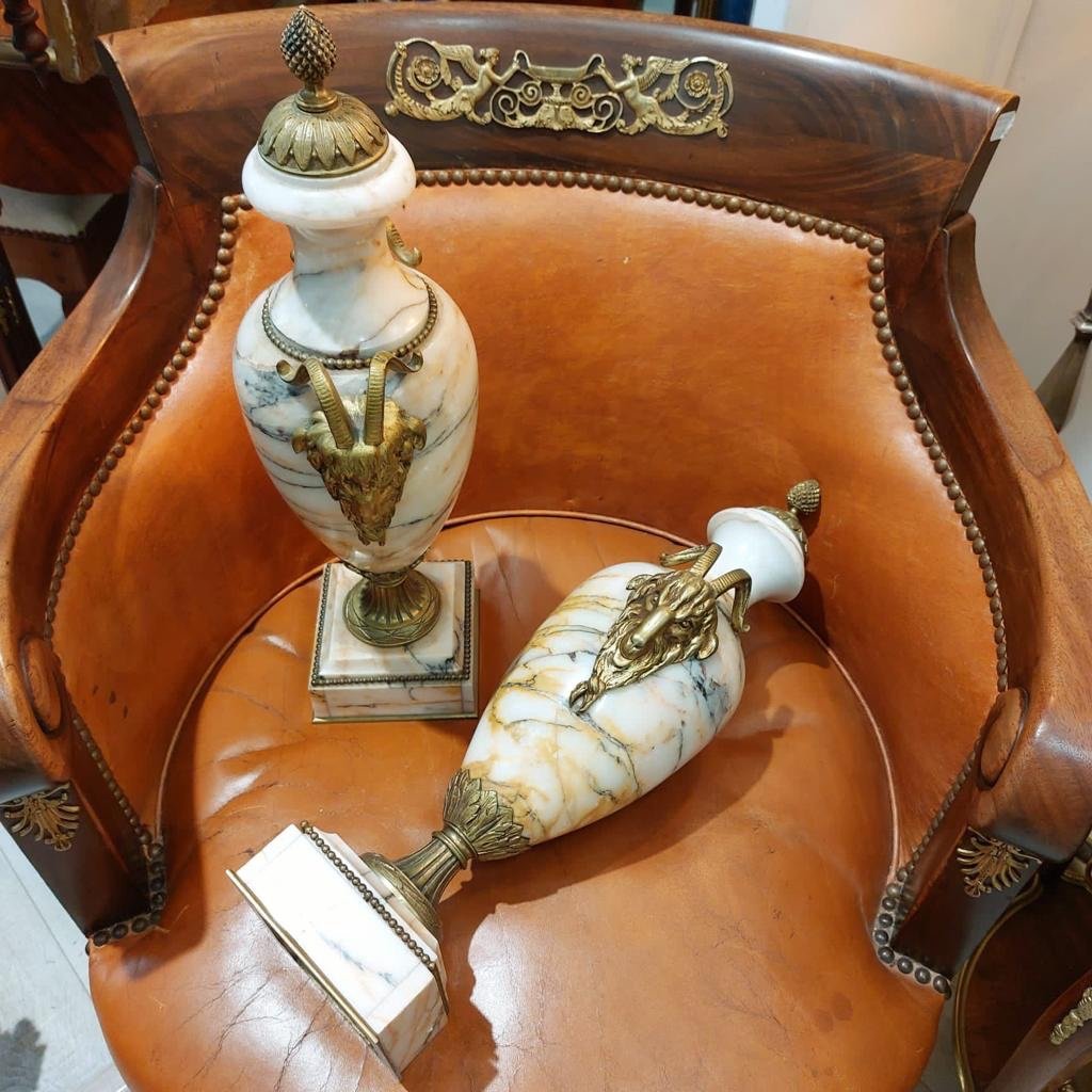 Pair Of Cassolettes With Aries Heads In Marble From Skyros End XIX Ieme-photo-2