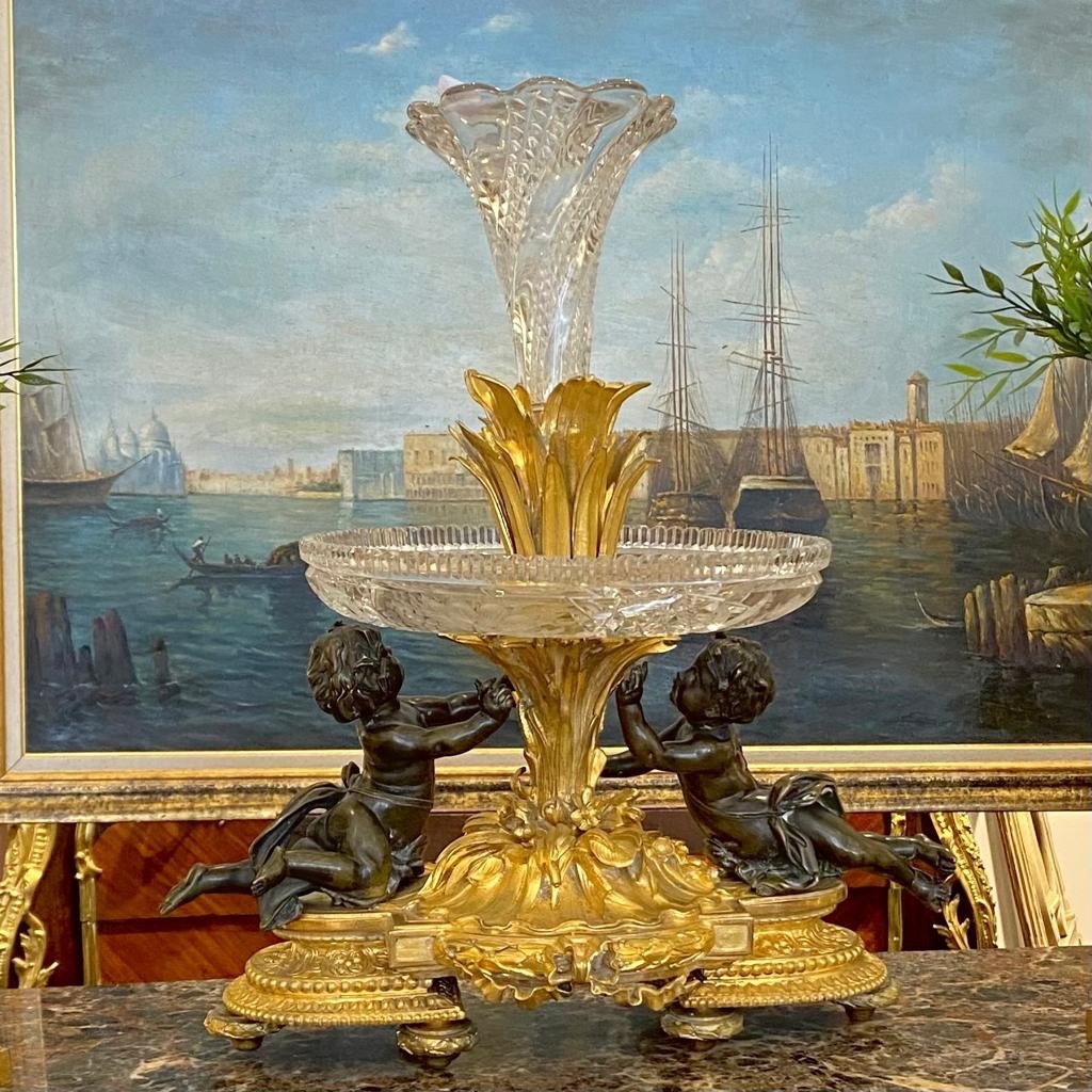 Grand Centre De Table En Bronze Doré Et Cristal Décors Aux Puttis De La Maison  Picard XIX Ieme-photo-1