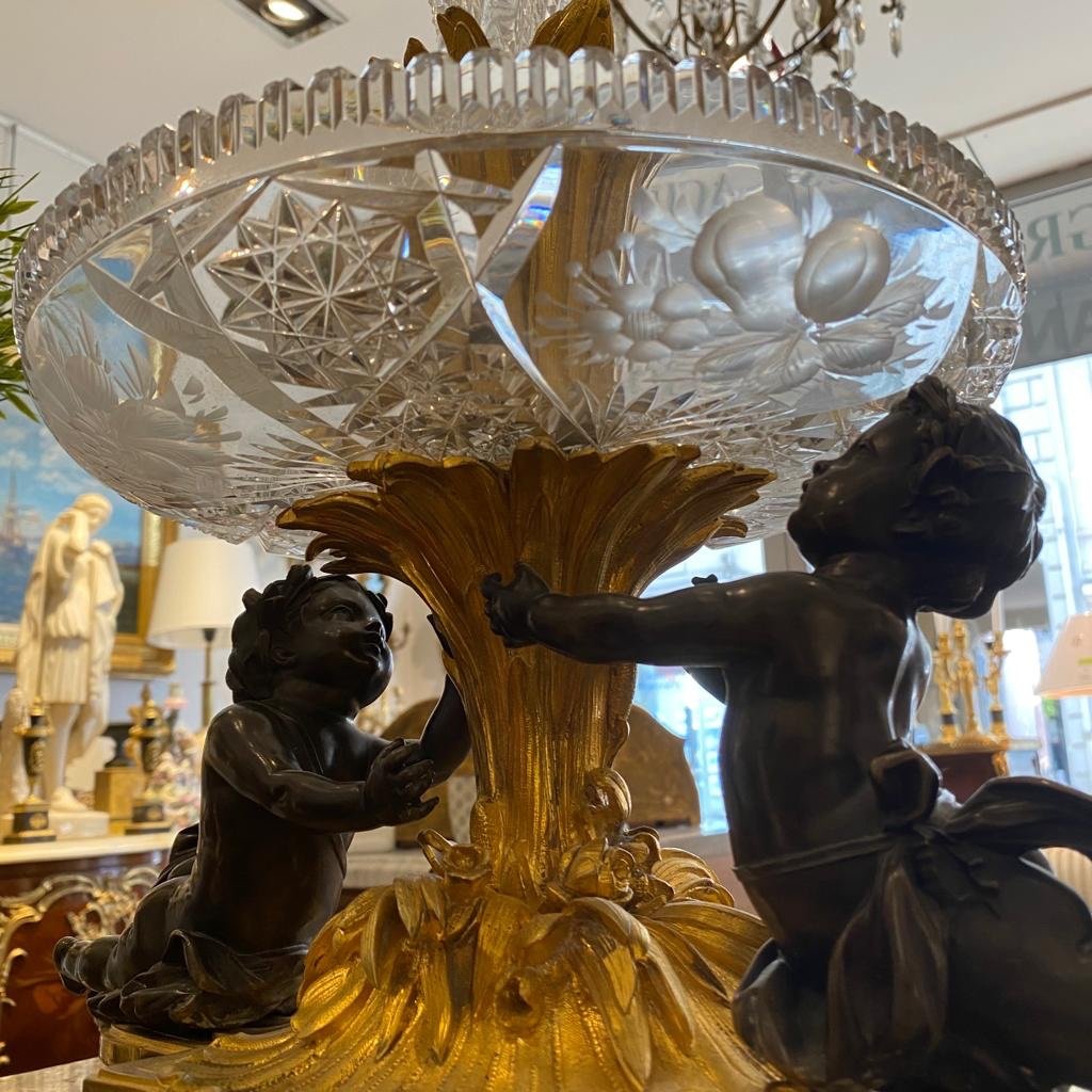 Grand Centre De Table En Bronze Doré Et Cristal Décors Aux Puttis De La Maison  Picard XIX Ieme-photo-4
