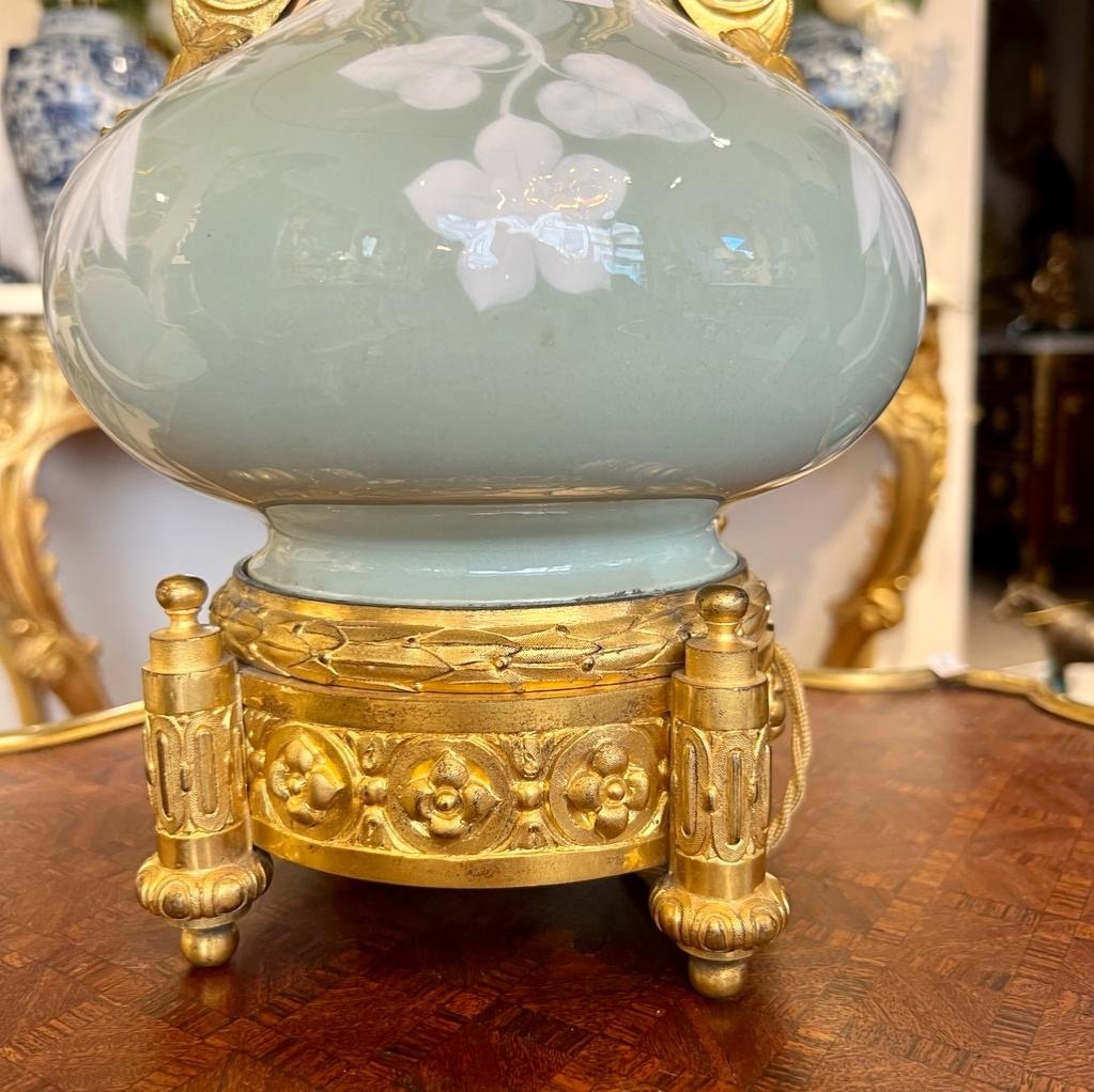 Celadon Porcelain Lamp Mounted Gilt Bronze End XIX Ieme-photo-2
