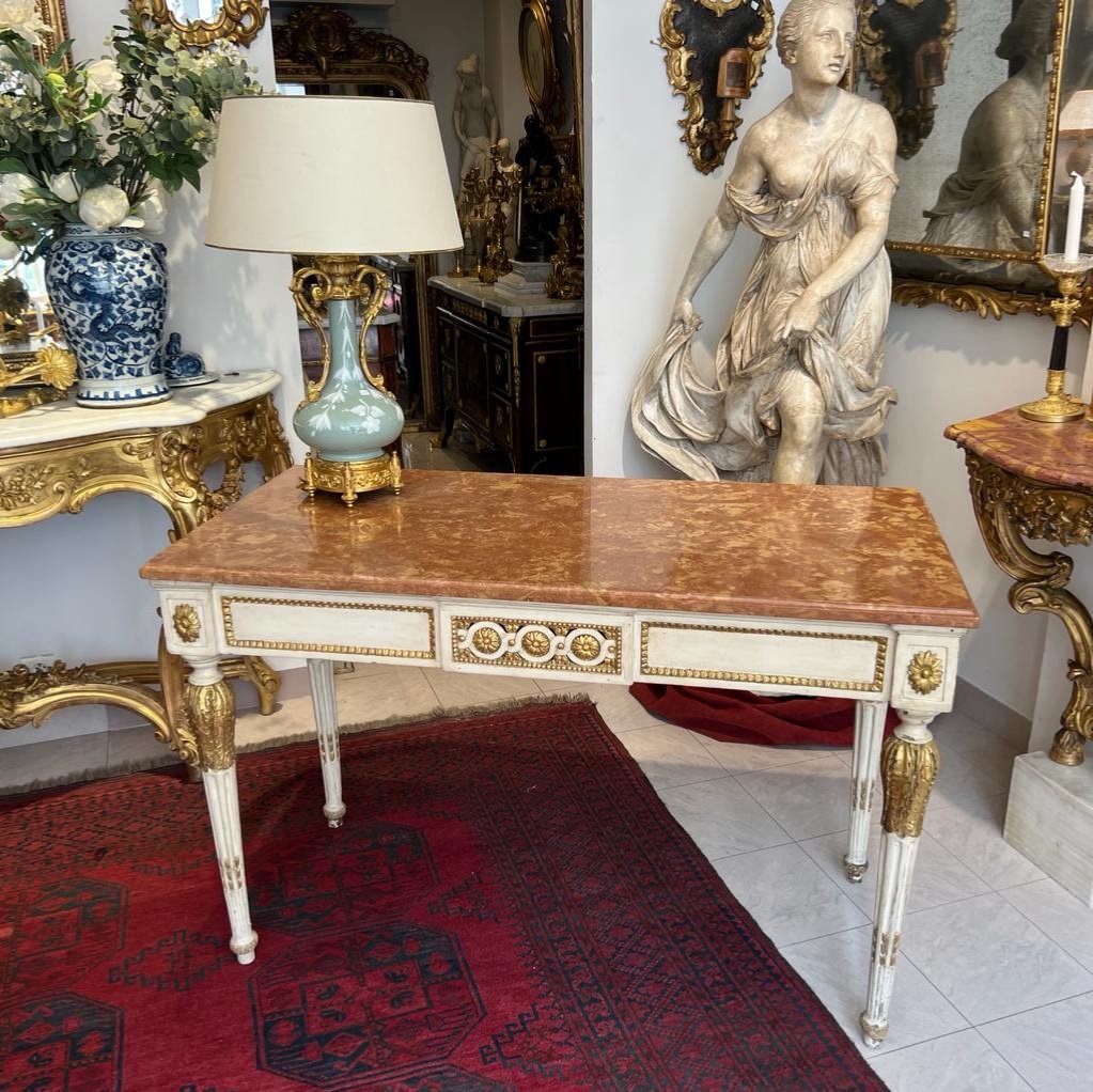 Console Louis XVI  18  Ieme En Bois Rechampi Et Doré à 4 Pieds Dessus Marbre -photo-3