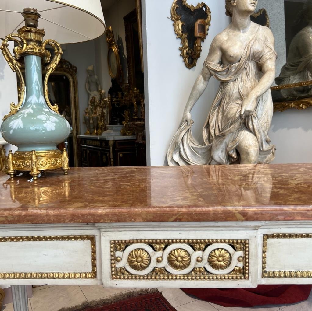 Console Louis XVI  18  Ieme En Bois Rechampi Et Doré à 4 Pieds Dessus Marbre -photo-2