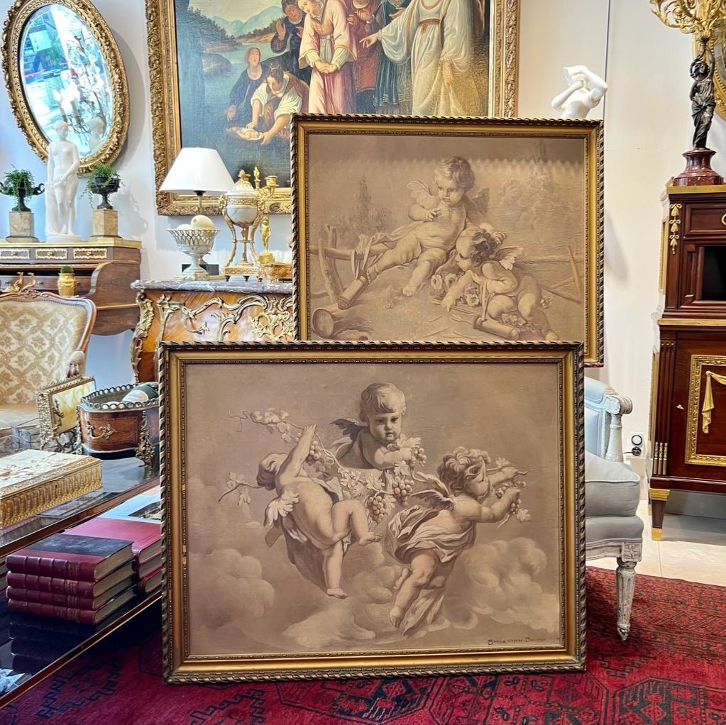 Pair Of Paintings In Grisaille Representing Scenes Of Cherubs After Bouchet Late XIX Ieme-photo-4