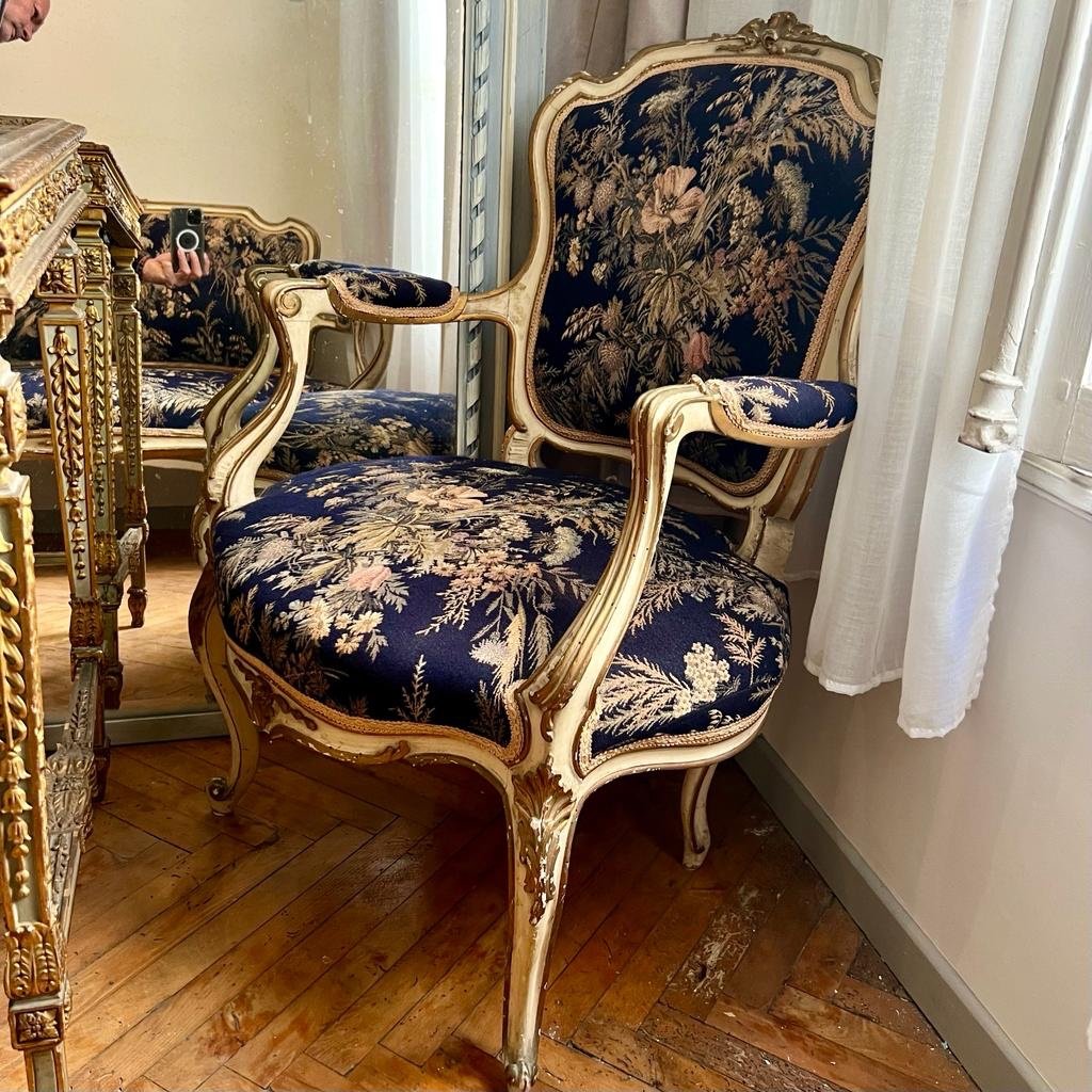 Louis XV Style Living Room (3 Pieces) In Lacquered And Gilded Wood Reverse Of A Tapestry Period XIX I-photo-2