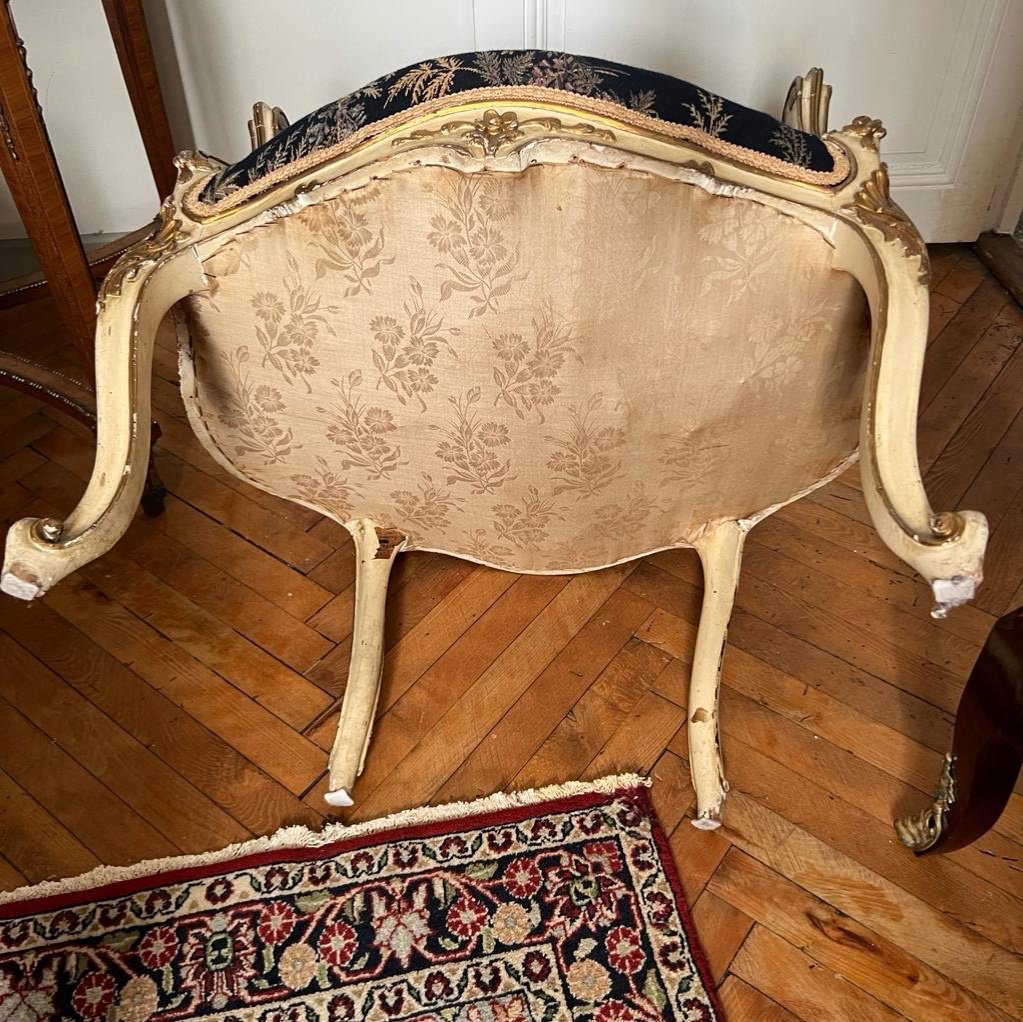 Louis XV Style Living Room (3 Pieces) In Lacquered And Gilded Wood Reverse Of A Tapestry Period XIX I-photo-6